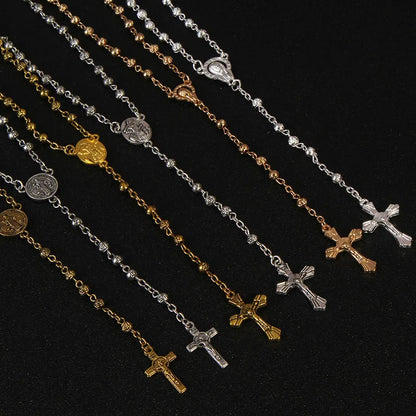 4mm stainless steel bead necklace, vintage gold rosary small necklace, female necklace Jesus cross necklace.