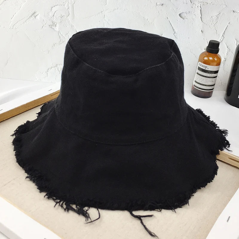 Bucket Hat Women Men Summer Fishing Hats Girls Casual Fishermen Cap Washed Denim Tassel Brim Kpop Hip Hop Bucket Hat Female