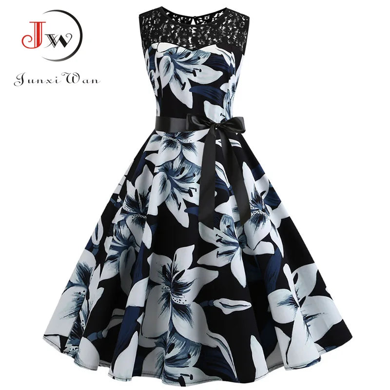 Lace Patchwork Floral Print Women Summer Dress Hepburn 50s 60s Elegant Vintage Dress Office Ladies A-Line Party Dresses Belt