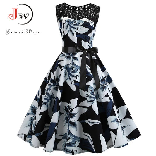 Lace Patchwork Floral Print Women Summer Dress Hepburn 50s 60s Elegant Vintage Dress Office Ladies A-Line Party Dresses Belt