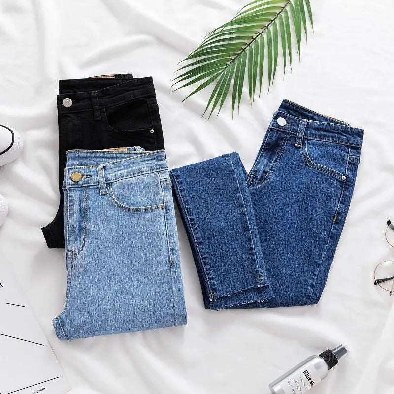 Skinny Jeans for Women Female Denim pencil Pants Mid Waist Black Color Stretch Elastic Blue Pencil Jeans Plus Size