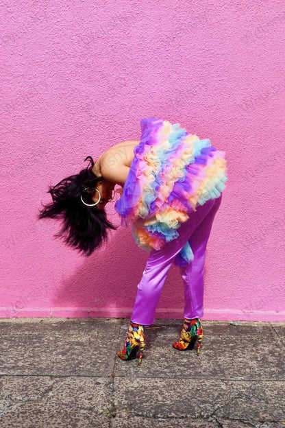 Chic Sexy Trendy Rainbow Color Blouse Pleated Ruffle Tulle Shirts Women 2022 Tiered Ruffles Sleeves Short Top Girls Party Tops