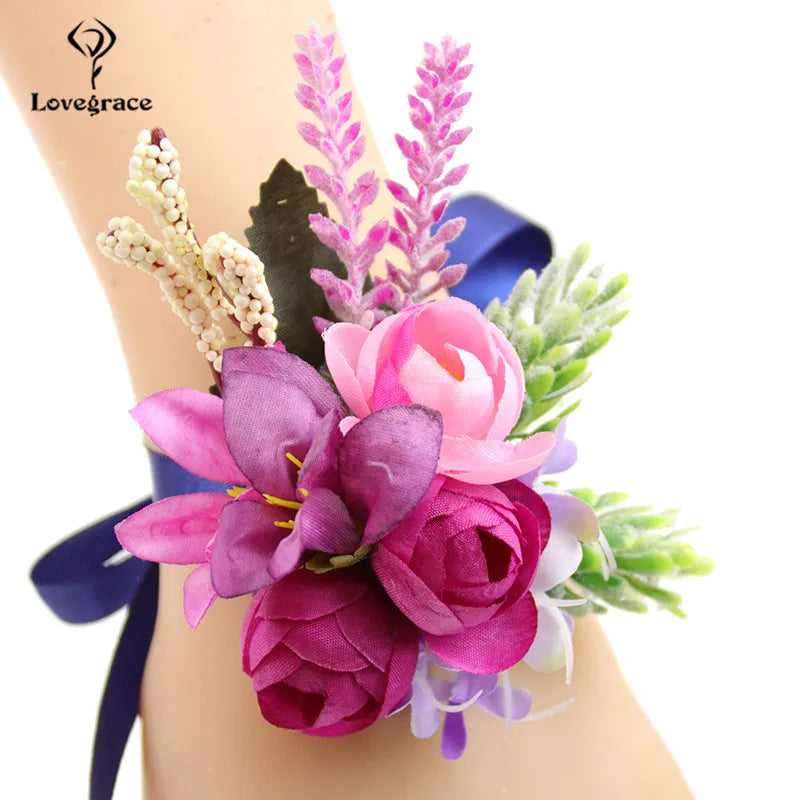 Lovegrace Wedding Rose Flower Boutonniere Rose Red Buttonhole Bridesmaid Wrist Corsage Bracelet Silk Flower Marriage Boutonniere