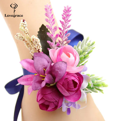 Lovegrace Wedding Rose Flower Boutonniere Rose Red Buttonhole Bridesmaid Wrist Corsage Bracelet Silk Flower Marriage Boutonniere