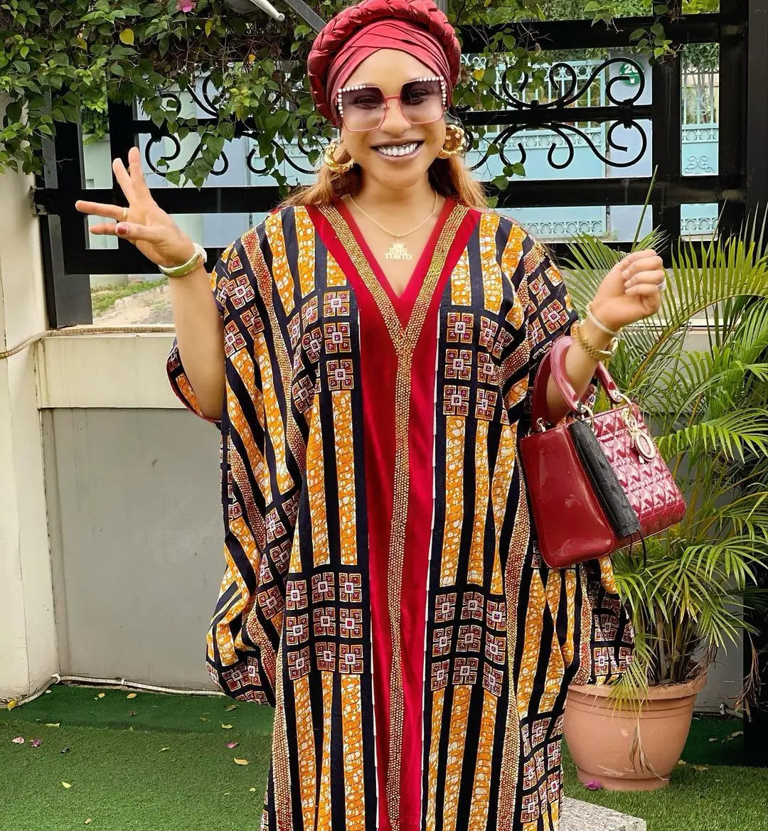 African moms fashion large-swing printed skirt luxury artificial stone decoration