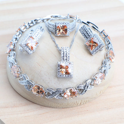 Women 925 Silver Bridal Fine Jewelry Sets Costume Ladies Wedding Jewellery Pendant Necklace Set Stones Earrings Rings Bracelets