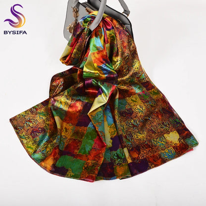 [BYSIFA]  Green Blue Ladies Satin Long Silk Scarf Shawl New Fashion Brand Scarves Printed Spring Fall Female Head Scarf 160*70cm
