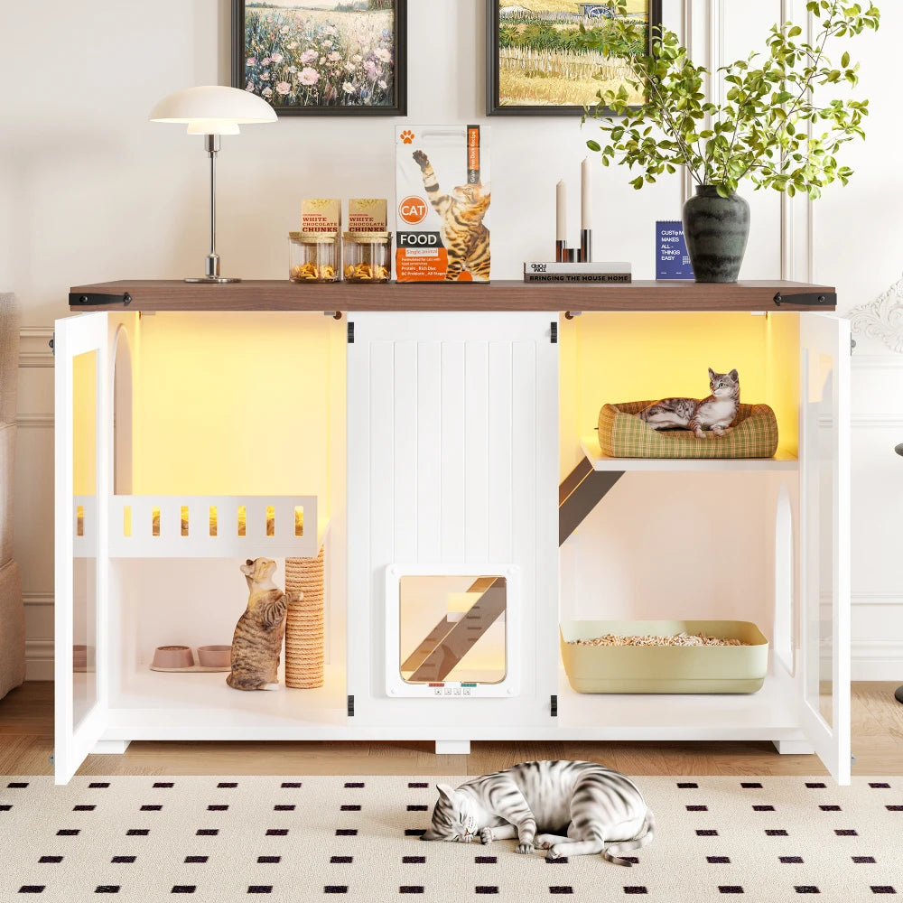 Grand bac à litière pour chat de 120 cm avec éclairage LED, meubles pour bac à litière dissimulés, maison pour chat avec escalier et griffoir
