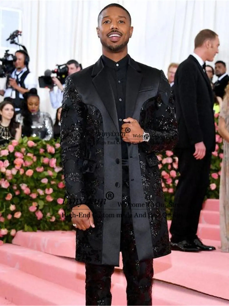Luxury Groom Tuxedos Black Shinny Appliques Sequins Men's Wedding Suits Customized Long Prom Blazers Bridegroom Costume Homme