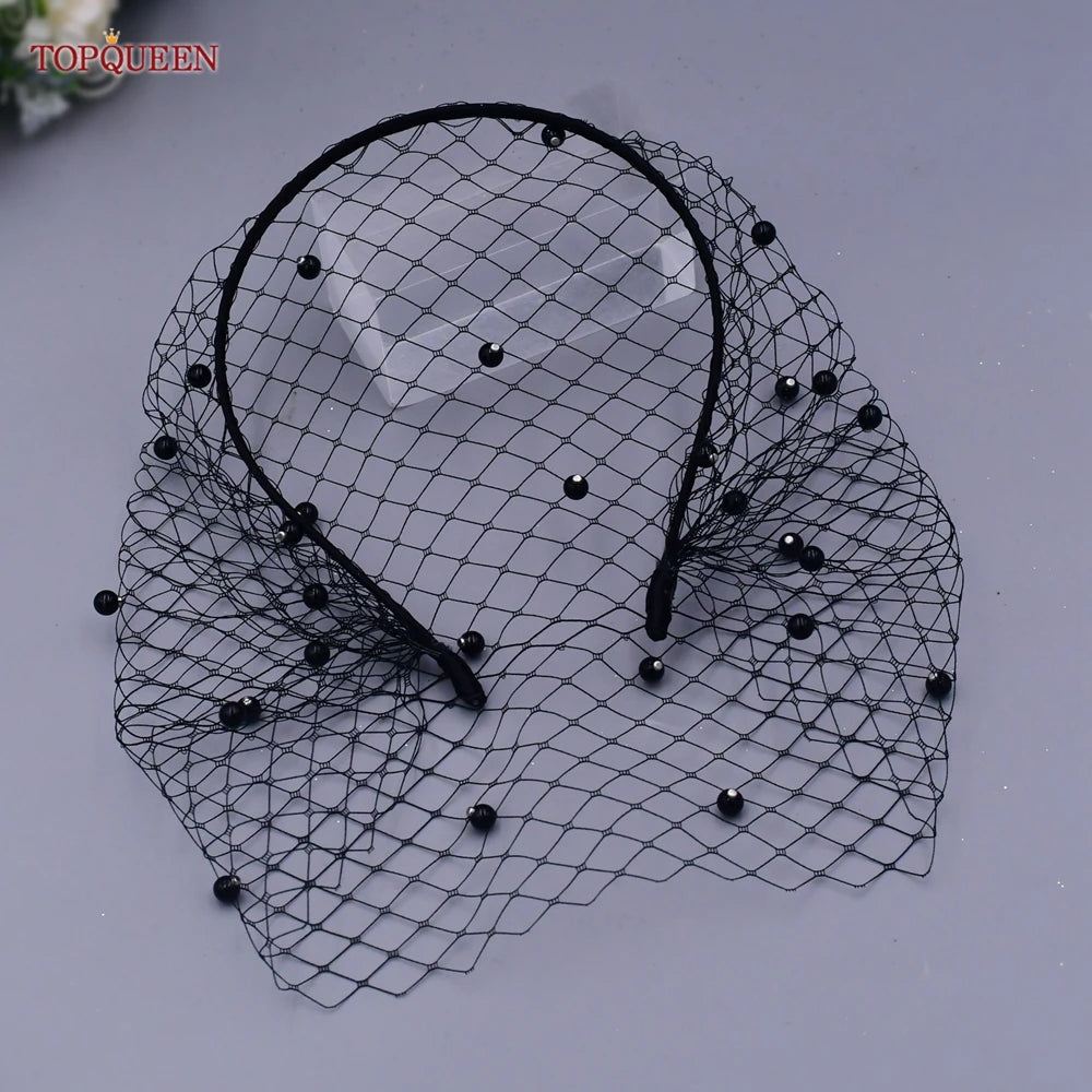 TOPQUEEN VA12 Wedding Birdcage Veil Bridal Blusher Veil White Headband Veil for Bridal Fascinators Black Face Net Mask Bachelore