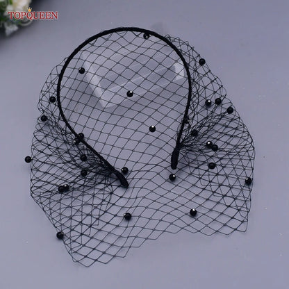 TOPQUEEN VA12 Wedding Birdcage Veil Bridal Blusher Veil White Headband Veil for Bridal Fascinators Black Face Net Mask Bachelore