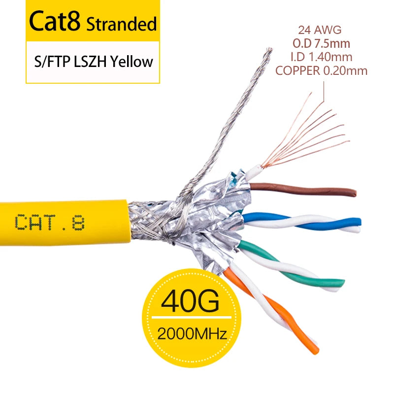 LINKWYLAN RJ45 CAT8 CABLE 40G 2000MHz SFTP SHIELDED INSTALLATION CABLE 22AWG OXYGEN-FREE COPPER LSZH CPR DCA JACKET SUPPORT4PPOE