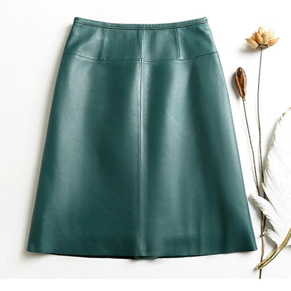 Stylish Women Genuine Leather Skirt Female Slit Pockets Sewing High Waist Jupe Mujer A-line Mid-Length Wine Red/Blue Chic Faldas