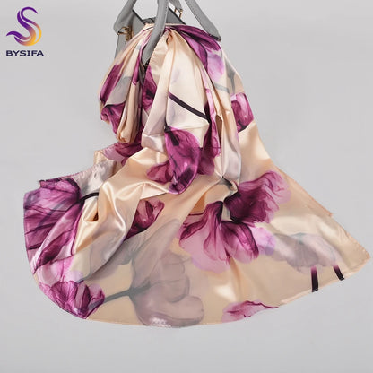 [BYSIFA]  Green Blue Ladies Satin Long Silk Scarf Shawl New Fashion Brand Scarves Printed Spring Fall Female Head Scarf 160*70cm