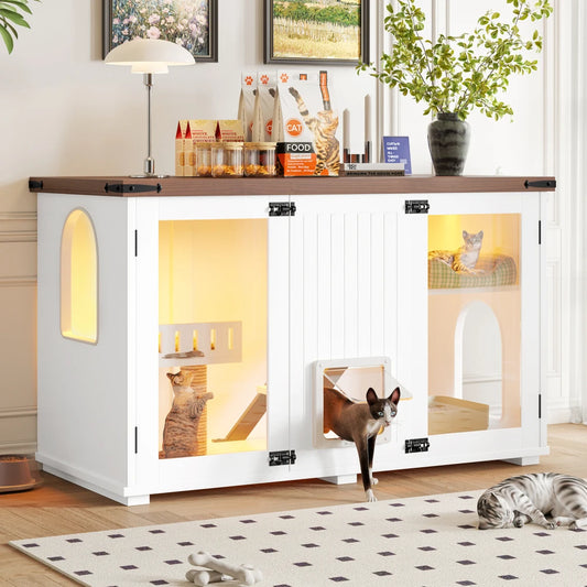 Grand bac à litière pour chat de 120 cm avec éclairage LED, meubles pour bac à litière dissimulés, maison pour chat avec escalier et griffoir