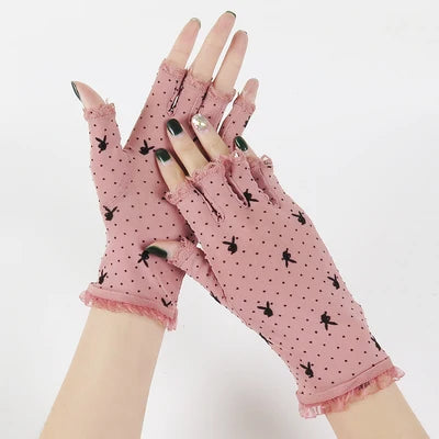Summer Women Short Sunscreen Thin Ice Silk Driving Black Full Finger Sexy Lace Gloves UV Elasticity Rabbit Lace Cycling Slip D82