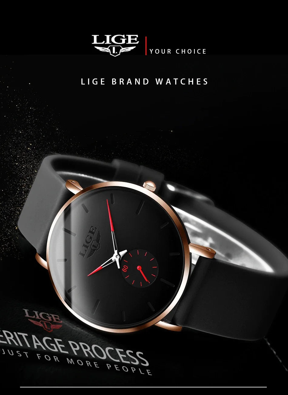 LIGE LG10006 40mm Modische, schlichte Armbanduhr für Damen und Herren, analoges Quarzwerk, wasserdicht, Silikon, Sportuhr