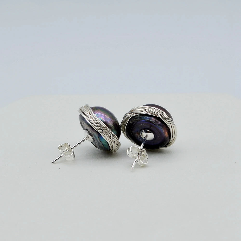 Black Pearl Stud Earrings Natural Pearl Silver Stud Earrings Irregular Baroque Stud Earrings Handmade Women's Stud Earrings