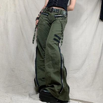 Women's Pants Gothic Punk Baggy Vintage Kawaii Trousers Bandage Low Waist Cargo Pants Grunge Green Zipper Jeans Korea Sweatpants