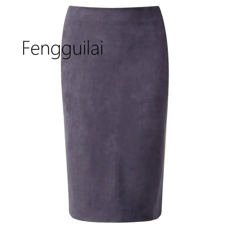 NEW Autumn Summer Women Suede Midi Pencil Skirt High Waist Gray green  XXL Sexy Style Stretch Wrap Ladies Office Work