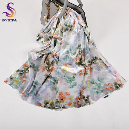 [BYSIFA]  Green Blue Ladies Satin Long Silk Scarf Shawl New Fashion Brand Scarves Printed Spring Fall Female Head Scarf 160*70cm