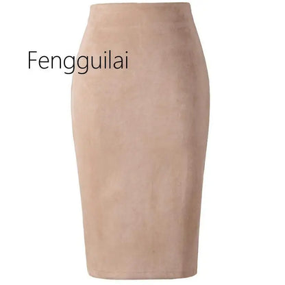 NEW Autumn Summer Women Suede Midi Pencil Skirt High Waist Gray green  XXL Sexy Style Stretch Wrap Ladies Office Work