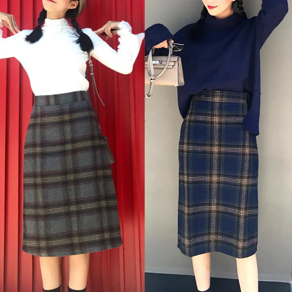 Korean Fashion Casual Women Autumn Winter Vintage Blue/Gray Plaid High Waist Warm Faux Woolen A-line Skirt  S-2XL