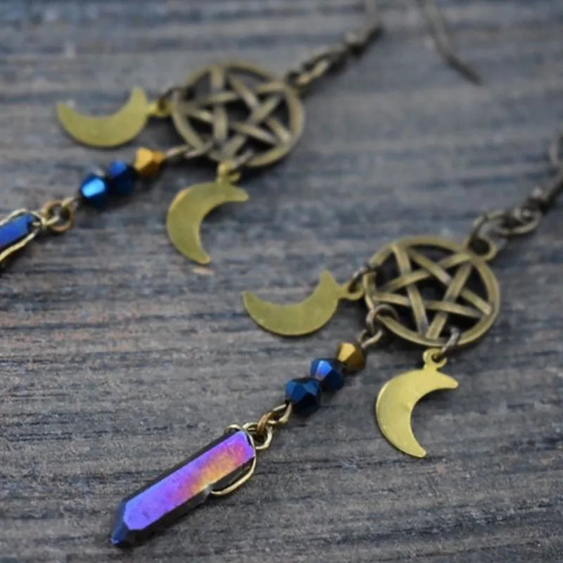 Pagan Moon Earrings,Moon Goddess Earrings,witch earrings, winter solstice, pentagram earrings,Celestial earrings