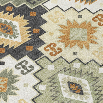 HMS 8' X 10' Southwestern Indoor Outdoor Area Rug Fern Green Gold and Charcoal Washable
