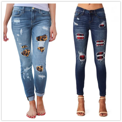 Hot sale women's ripped leopard print jeans Fashion stretch Skinny denim pencil pants Street casual hipster jeans S-2XL