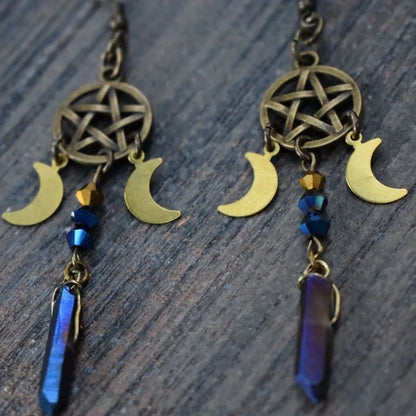 Pagan Moon Earrings,Moon Goddess Earrings,witch earrings, winter solstice, pentagram earrings,Celestial earrings
