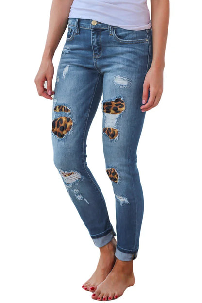 Hot sale women's ripped leopard print jeans Fashion stretch Skinny denim pencil pants Street casual hipster jeans S-2XL