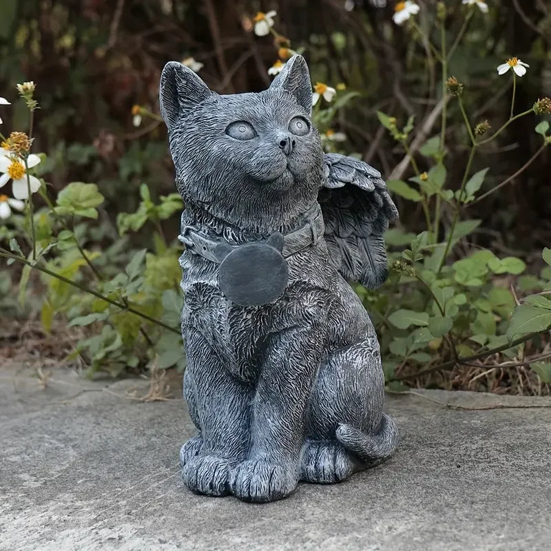 Pierre tombale artisanale en forme d'ange chat à énergie solaire - Statue commémorative extérieure en résine durable avec patine grise