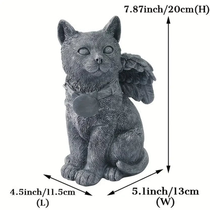 Pierre tombale artisanale en forme d'ange chat à énergie solaire - Statue commémorative extérieure en résine durable avec patine grise