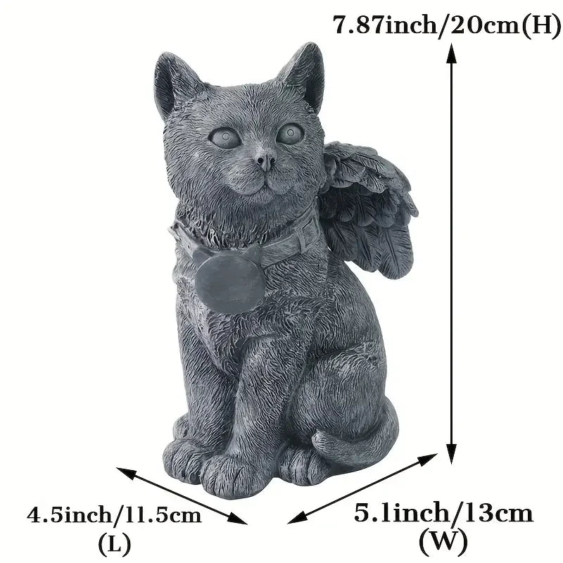 Handcrafted Solar-Powered Cat Angel Grave Marker - Durable Resin Outdoor Memorial Statue with Gray Patina