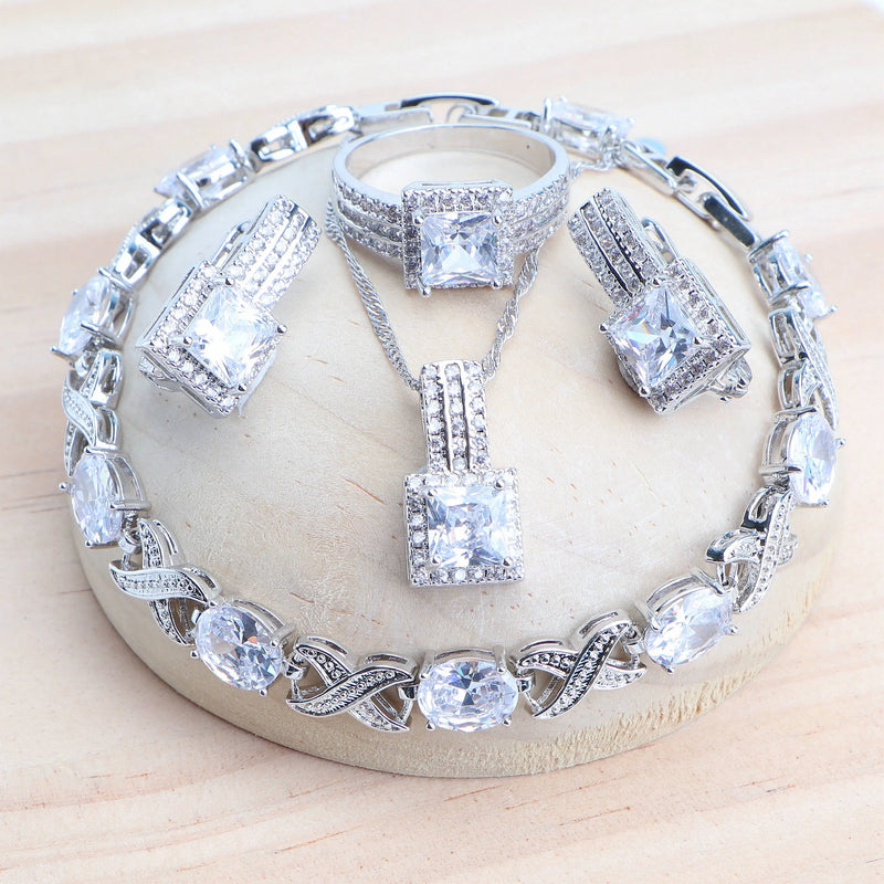 Women 925 Silver Bridal Fine Jewelry Sets Costume Ladies Wedding Jewellery Pendant Necklace Set Stones Earrings Rings Bracelets