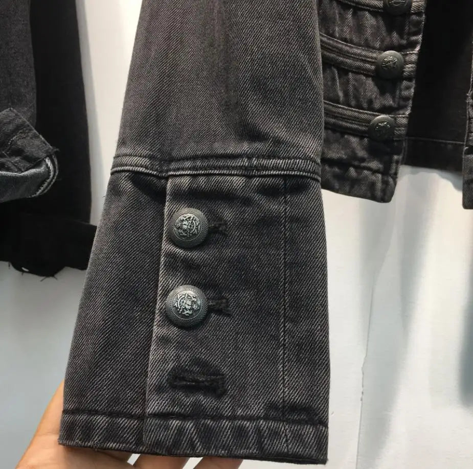 Retro military style handsome stand collar denim jackets female double-breasted old wild slim short denim jackets outerwear F368
