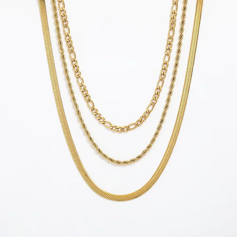 Joolim Jewelry Chaîne Figaro plaquée or, chaîne corde, chaîne serpent, collier trois rangs en acier inoxydable, vente en gros de bijoux