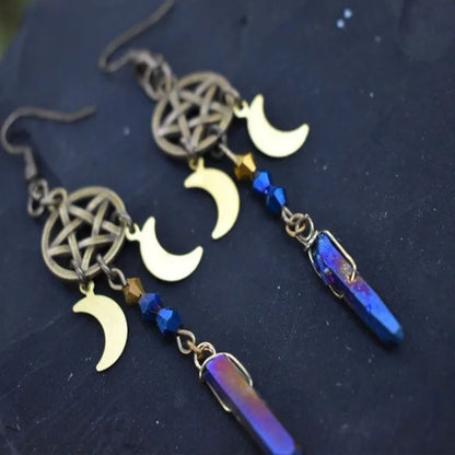 Pagan Moon Earrings,Moon Goddess Earrings,witch earrings, winter solstice, pentagram earrings,Celestial earrings