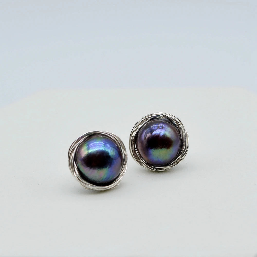 Black Pearl Stud Earrings Natural Pearl Silver Stud Earrings Irregular Baroque Stud Earrings Handmade Women's Stud Earrings
