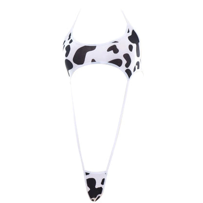 Women Cute Milk Cow Print Bikini Bodysuit Sexy Halter Backless Cutout Micro Jumpsuit Strappy Erotic Cosplay Lingerie Swimsuit