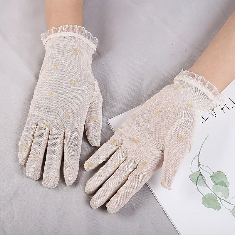 Summer Women Short Sunscreen Thin Ice Silk Driving Black Full Finger Sexy Lace Gloves UV Elasticity Rabbit Lace Cycling Slip D82