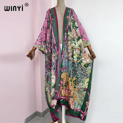 2021 WINYI new Cotton Bikini Sweet Lady Pink Boho Print Self Belted Front Open Long Kimono Dress Beach Tunic Women Wrap Dresses