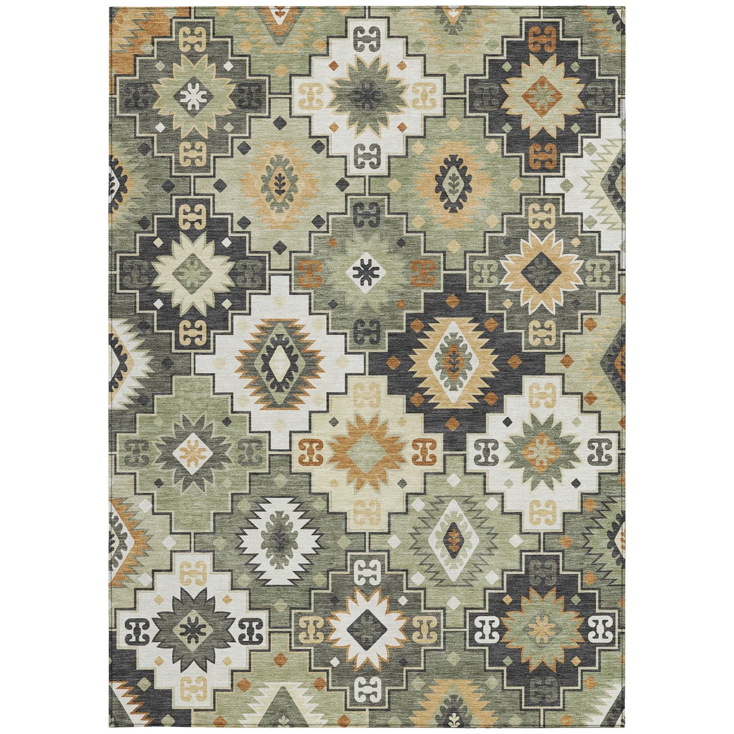 HMS 8' X 10' Southwestern Indoor Outdoor Area Rug Fern Green Gold and Charcoal Washable