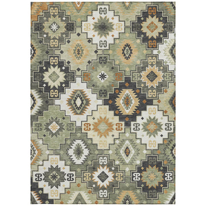 HMS 8' X 10' Southwestern Indoor Outdoor Area Rug Fern Green Gold and Charcoal Washable