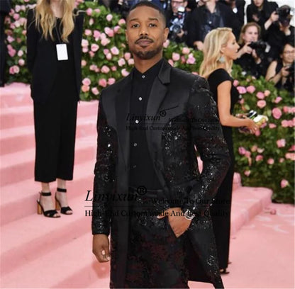 Luxury Groom Tuxedos Black Shinny Appliques Sequins Men's Wedding Suits Customized Long Prom Blazers Bridegroom Costume Homme