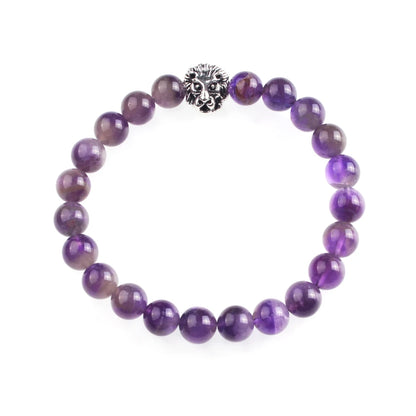 Silver Lion Head Gemstone Beads Stretch Bracelet for Women Men Handmade Crystal Beaded Elastic Healing Power Stone Jewelry