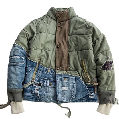 Winter Men's Streetwear Hole Patchwork Denim Jacket Thick Down Cotton Jean Coat for Male