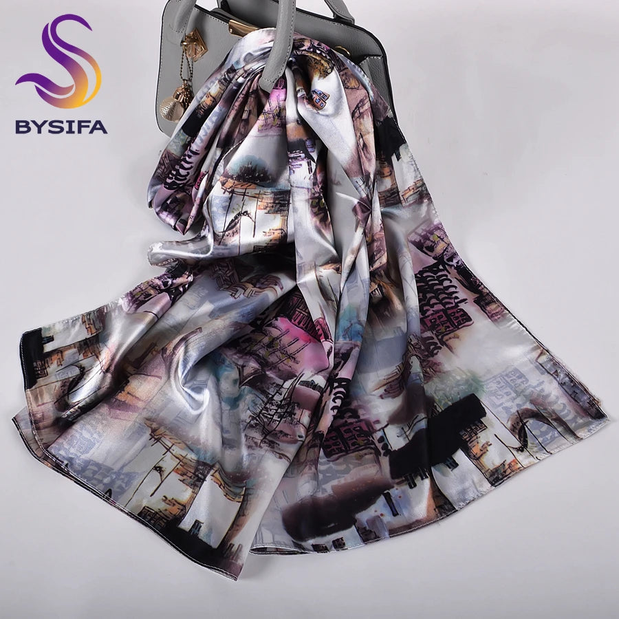 [BYSIFA]  Green Blue Ladies Satin Long Silk Scarf Shawl New Fashion Brand Scarves Printed Spring Fall Female Head Scarf 160*70cm