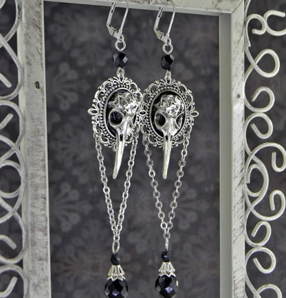 Grim, Gothic Raven Earrings | Elegant Gothic Earrings, Long Raven Earrings, Raven Skull Earrings, Gothic Raven Earrings